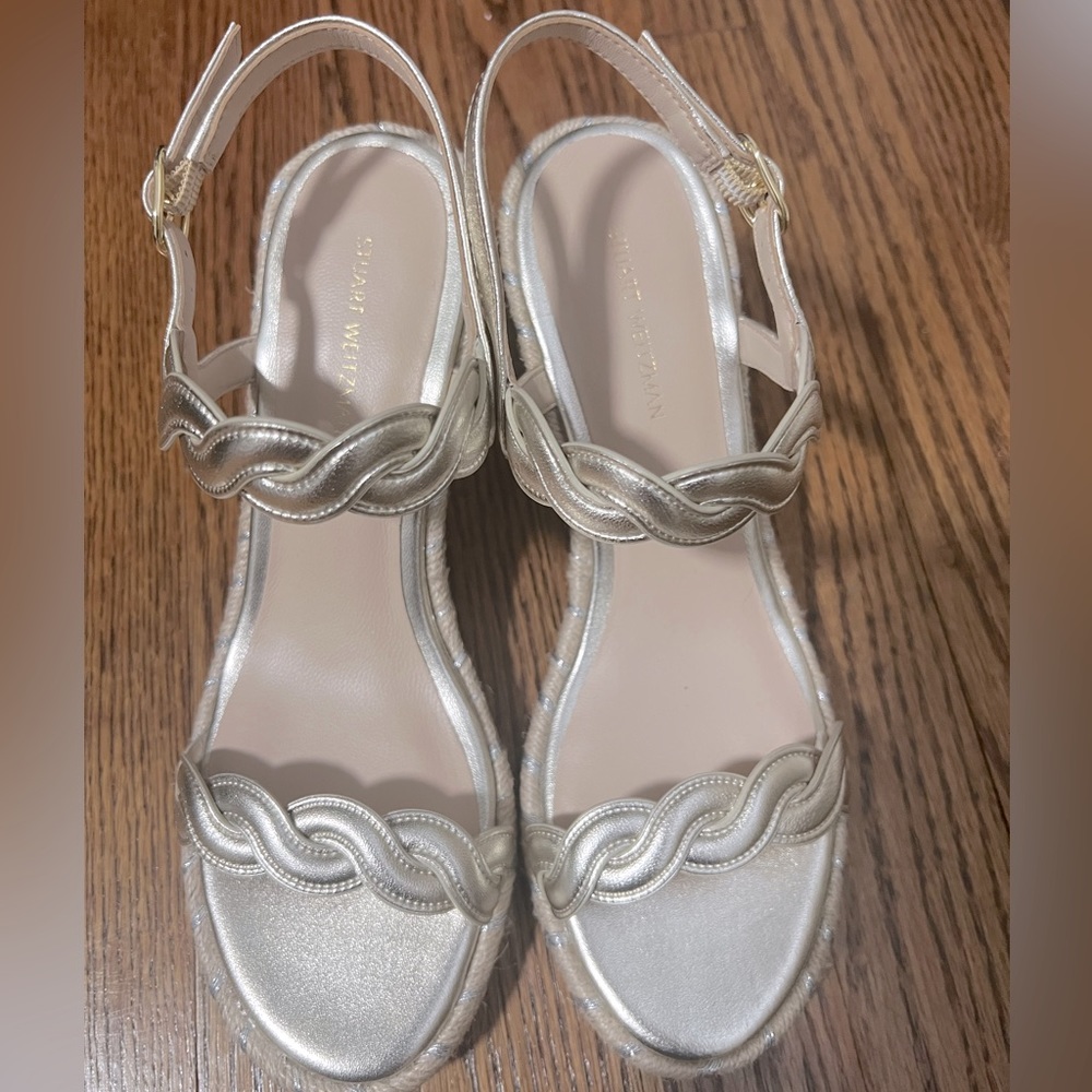 Stuart Weitzman gold silver wedges espadrilles sandals. Size 6.5. Like new